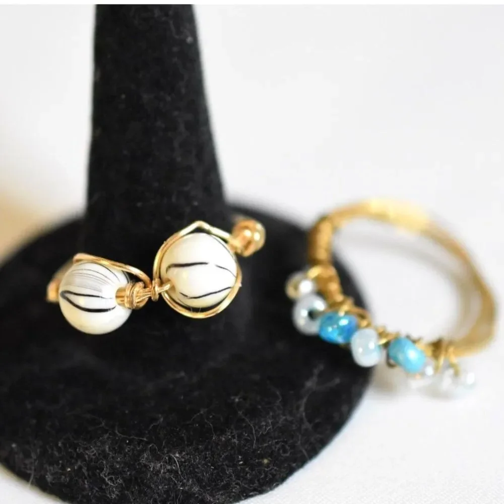 Two Intriguing Gold Tone Wire Wrap Beads/Stones Size 13 Y2K Hipster Casual Rings